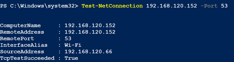 خروجی دستور  Test-NetConnection وقتی پورت باز باشه