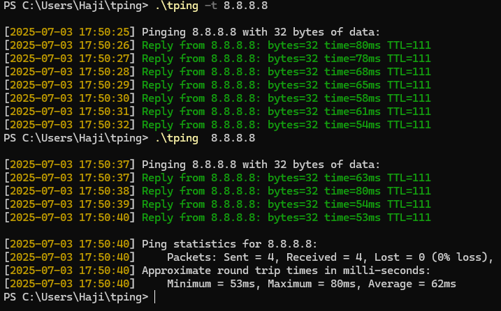 خروجی tping با زبان go
