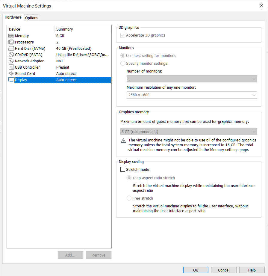 پنجره Virtual Machine Settings پس از انتخاب گزینه Display 
