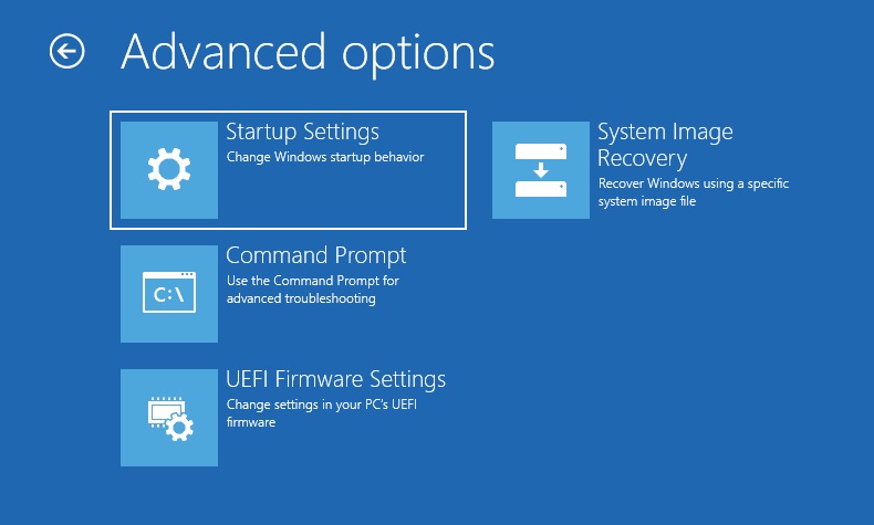 منوی Advanced Options در WinRE